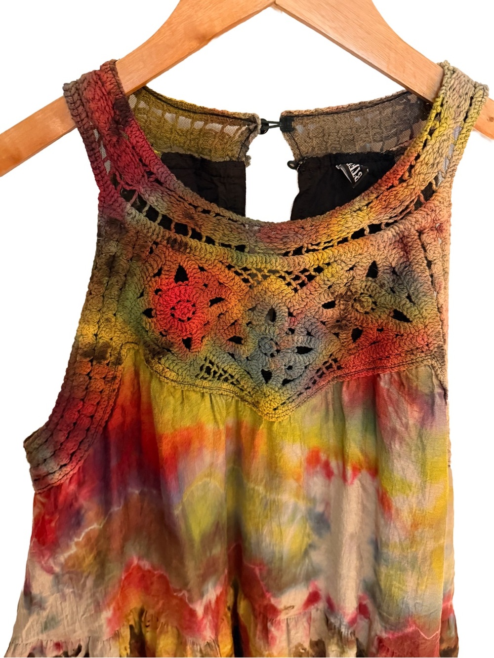 Custom Hand Tie Dyed Boho Crochet Halter Mini Dress L - Picture 4 of 11